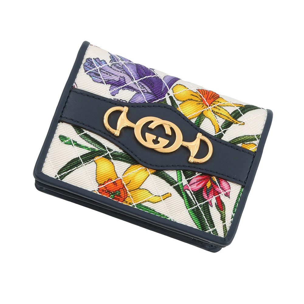 Gucci Bi fold Wallet Flora Flower Zumi Compact Leather Quilted Card Case